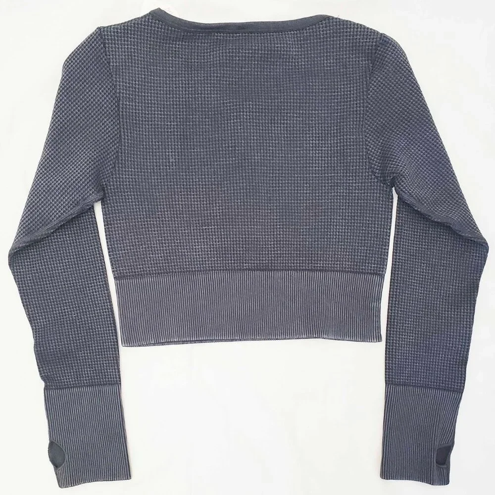 Aerie Womens Grey Offline Main Squeeze Waffle Weave Crop Top Henley Sweatshirt L